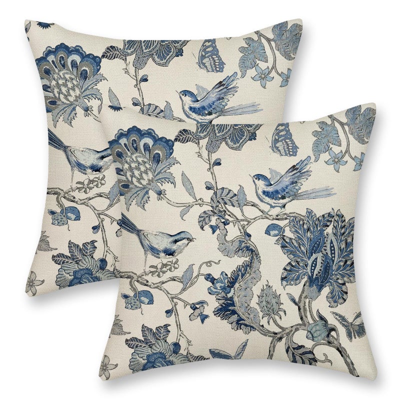 DAFENA Chinoiserie Pillow Covers 18x18 Inch 2 Pcs Spring Navy Blue Floral Birds Decor Throw Pillows Vintage Flower Seasonal Outdoor Indoor Decoration Pillowcase Linen Cushion Cover for Couch Sofa Bed - Image 1