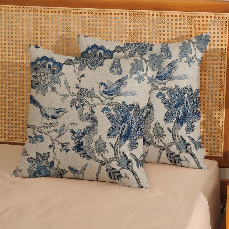 DAFENA Chinoiserie Pillow Covers 18x18 Inch 2 Pcs Spring Navy Blue Floral Birds Decor Throw Pillows Vintage Flower Seasonal Outdoor Indoor Decoration Pillowcase Linen Cushion Cover for Couch Sofa Bed - Image 2