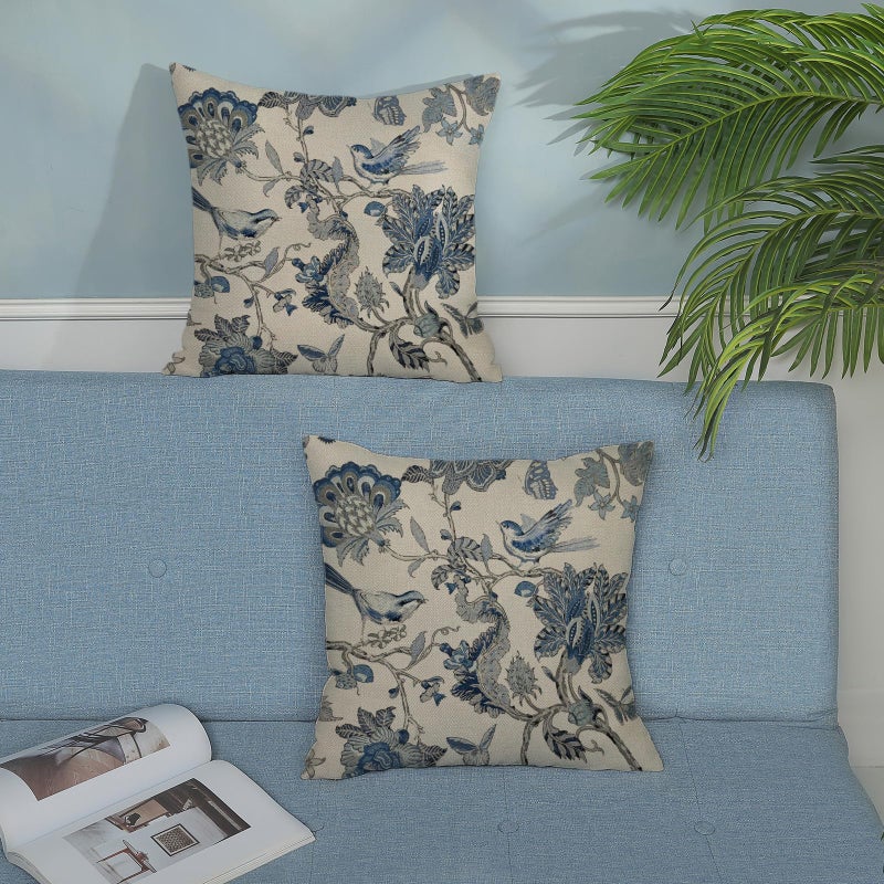 DAFENA Chinoiserie Pillow Covers 18x18 Inch 2 Pcs Spring Navy Blue Floral Birds Decor Throw Pillows Vintage Flower Seasonal Outdoor Indoor Decoration Pillowcase Linen Cushion Cover for Couch Sofa Bed - Image 3