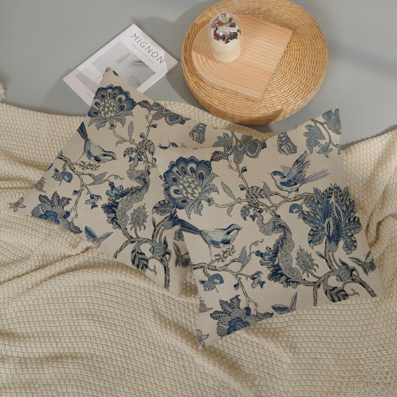 DAFENA Chinoiserie Pillow Covers 18x18 Inch 2 Pcs Spring Navy Blue Floral Birds Decor Throw Pillows Vintage Flower Seasonal Outdoor Indoor Decoration Pillowcase Linen Cushion Cover for Couch Sofa Bed - Image 5
