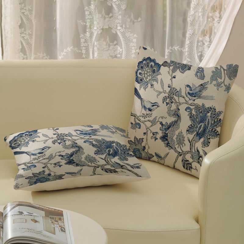 DAFENA Chinoiserie Pillow Covers 18x18 Inch 2 Pcs Spring Navy Blue Floral Birds Decor Throw Pillows Vintage Flower Seasonal Outdoor Indoor Decoration Pillowcase Linen Cushion Cover for Couch Sofa Bed - Image 4