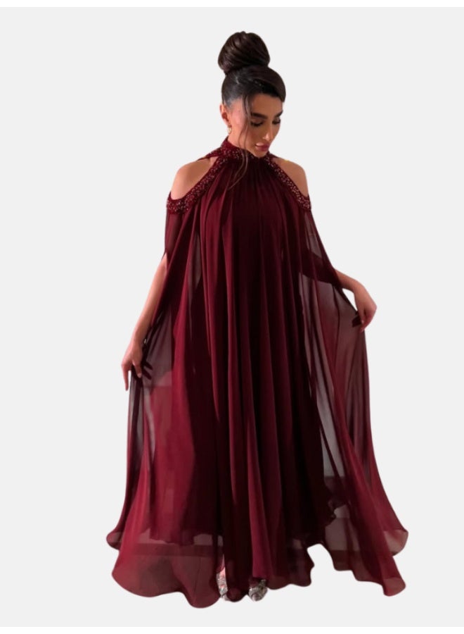 NICE MODEL Royal Burgundy High Neck Halter Evening Gown - Luxury Embroidered Floor Length Formal Dress - Image 1