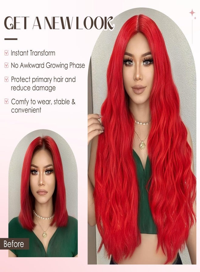 S-noilite Long Wavy Wig 24inch Red Long Wigs for Women Middle Part Natural Looking Synthetic Wigs for Cospaly Daily Use - Image 3