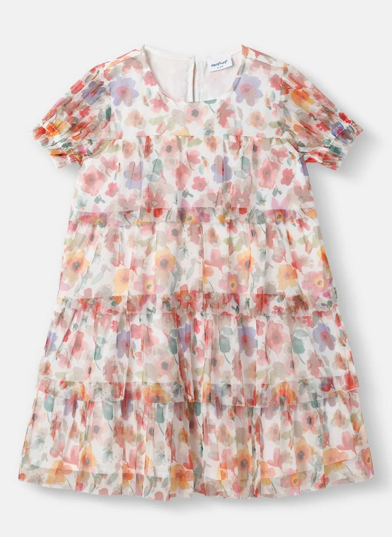 Nautinati Girls’ Floral Mesh Tiered Dress|Puff Sleeves| Age 2 - 10 Years