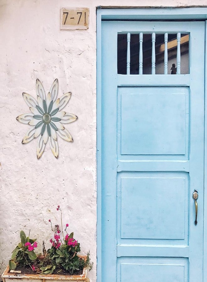 hogardeck Metal Flower Farmhouse Wall Decor, 16" Large Floral Metal Blue White Wall Art for Indoor Outdoor, Boho Wall Decor for Bathroom, Living Room, Kitchen, Bedroom, Porch, Garden, Yard - Image 3