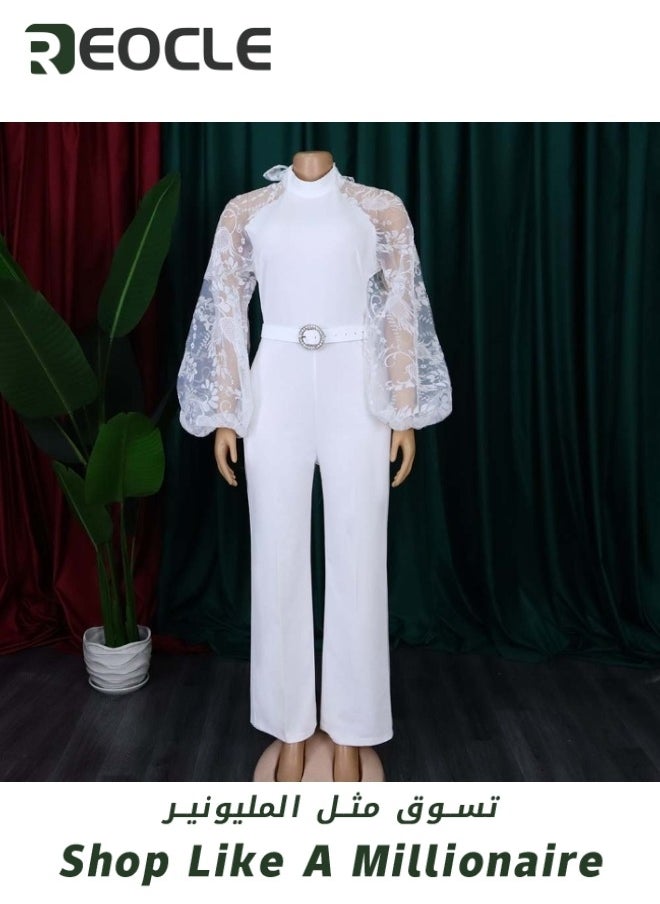 REOCLE Women's Jumpsuits Mesh Lantern Long Sleeve Bodycon Long Straight Pants With Belt Evening Prom Party Rompers Wide Leg Playsuit Pants  - Image 3