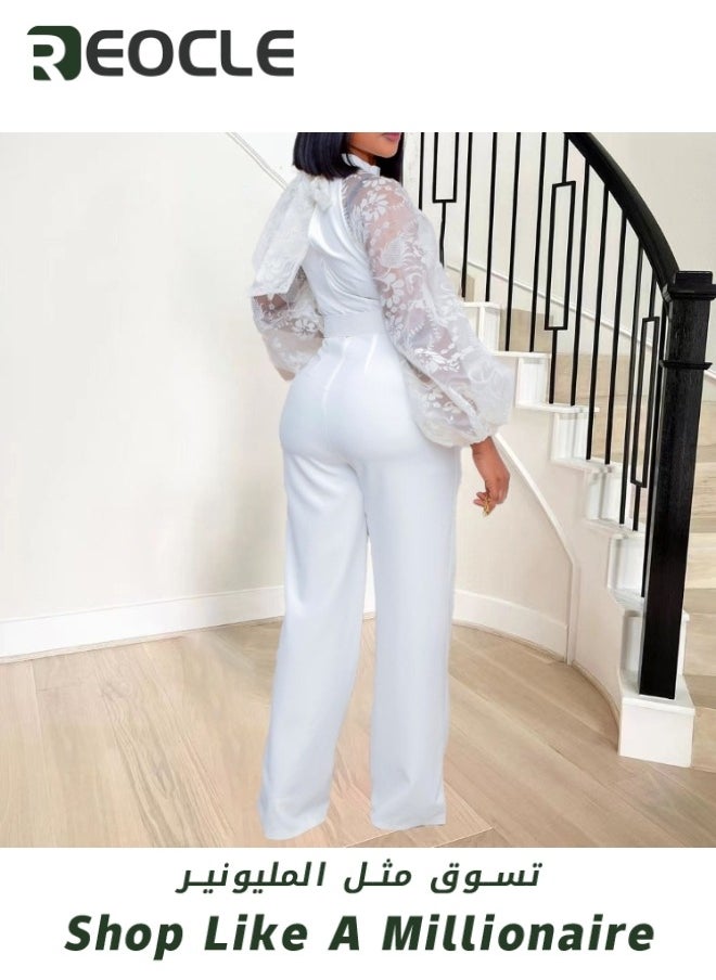 REOCLE Women's Jumpsuits Mesh Lantern Long Sleeve Bodycon Long Straight Pants With Belt Evening Prom Party Rompers Wide Leg Playsuit Pants  - Image 2