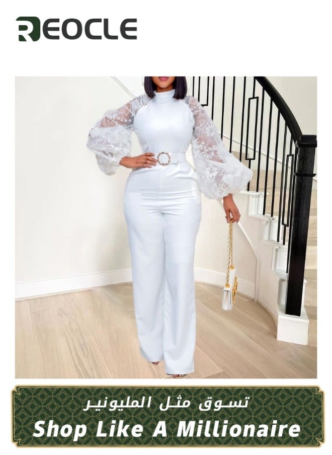 REOCLE Women's Jumpsuits Mesh Lantern Long Sleeve Bodycon Long Straight Pants With Belt Evening Prom Party Rompers Wide Leg Playsuit Pants  - Image 1