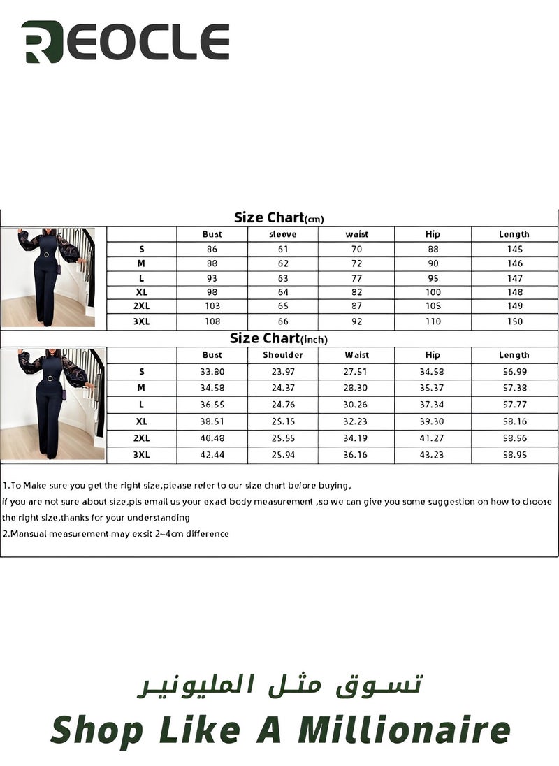 REOCLE Women's Jumpsuits Mesh Lantern Long Sleeve Bodycon Long Straight Pants With Belt Evening Prom Party Rompers Wide Leg Playsuit Pants  - Image 5