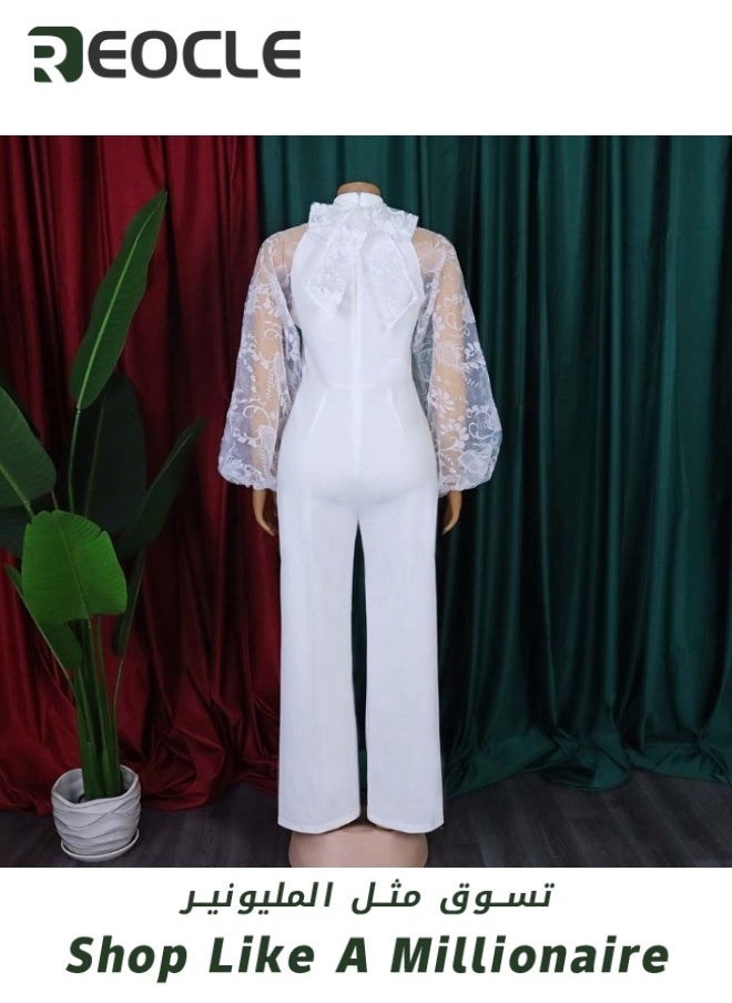 REOCLE Women's Jumpsuits Mesh Lantern Long Sleeve Bodycon Long Straight Pants With Belt Evening Prom Party Rompers Wide Leg Playsuit Pants  - Image 4