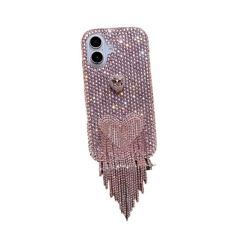 BB غطاء واقي بAcrylic لـ iPhone 13 مع مليء بالألماس ونقش قلب مع شرابة باللون وردي من الأكريليك باللون الوردي - Image 1