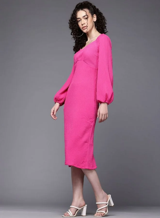 Freehand  Women Regular Fit Textured Sweetheart Neck Long Sleeve Midi Dress for Women | Best Price UAE