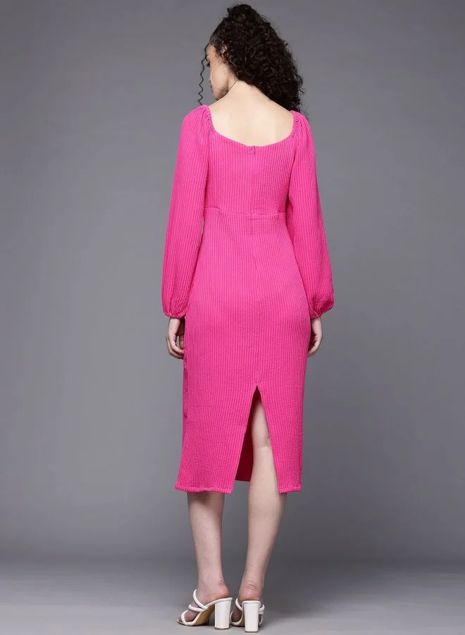 Freehand  Women Regular Fit Textured Sweetheart Neck Long Sleeve Midi Dress for Women | Best Price UAE