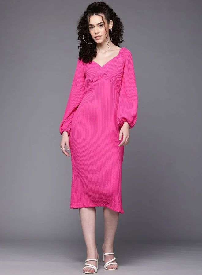 Freehand  Women Regular Fit Textured Sweetheart Neck Long Sleeve Midi Dress for Women | Best Price UAE