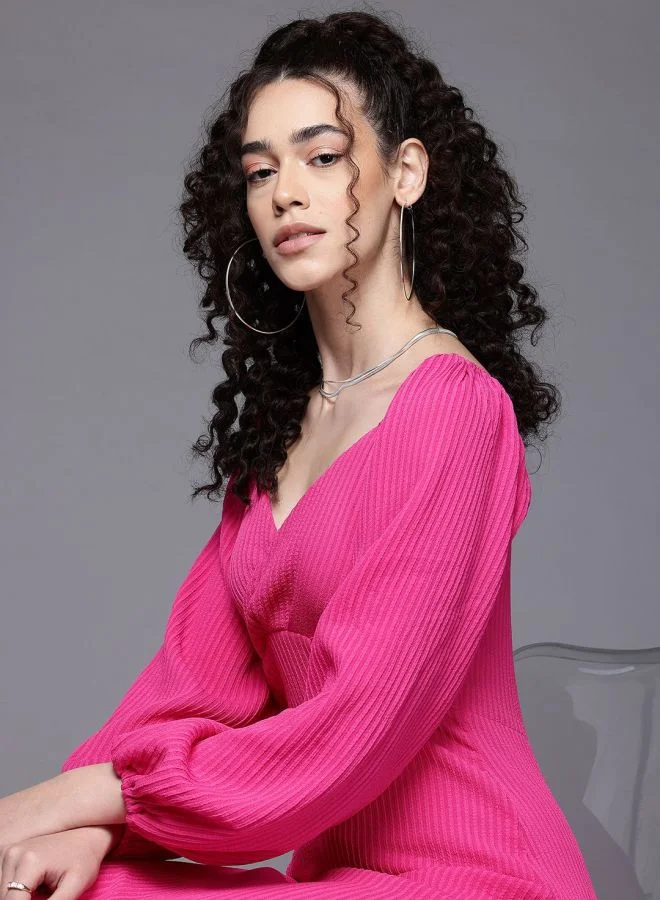 Freehand  Women Regular Fit Textured Sweetheart Neck Long Sleeve Midi Dress for Women | Best Price UAE