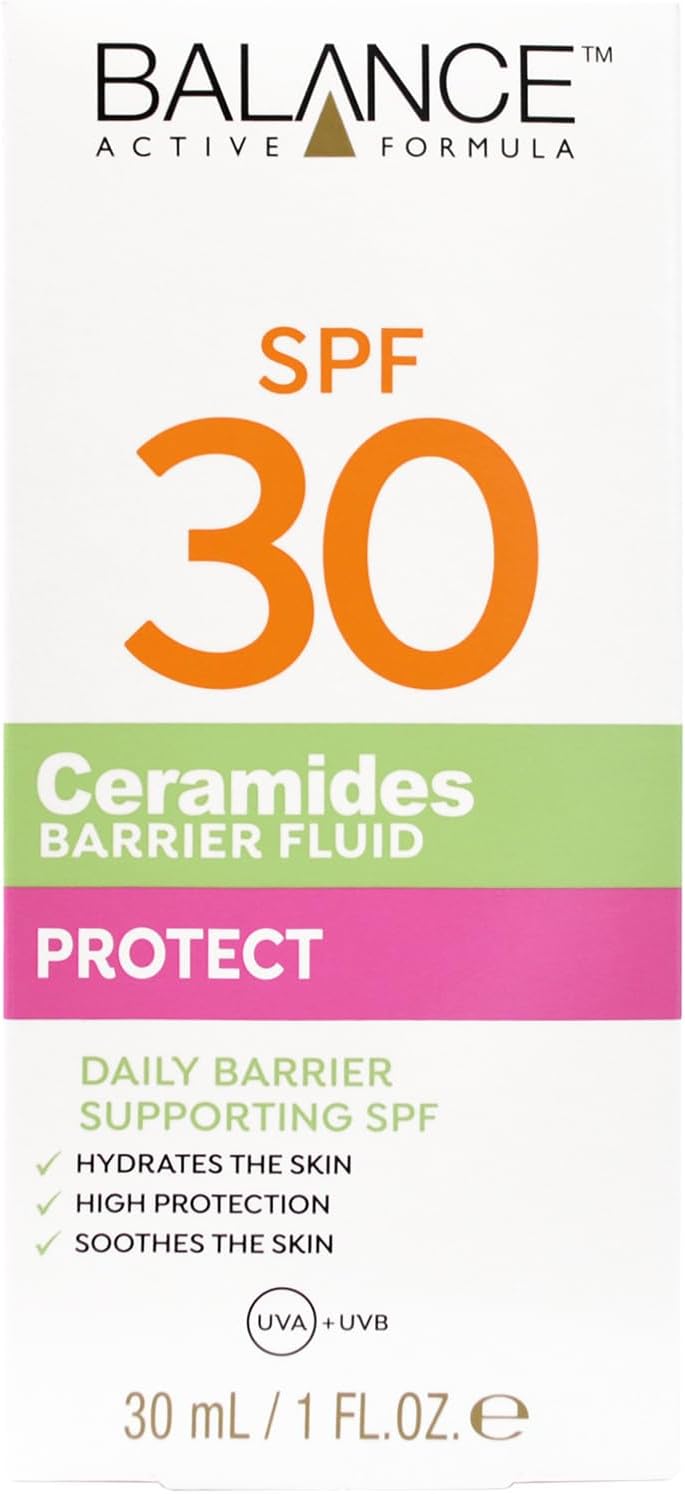 Balance Active Formula Ceramides Barrier Fluid SPF 30 30ml Lightweight Hydrating Daily Face Sunscreen with 3 Essential Ceramides for Sensitive Dry Skin