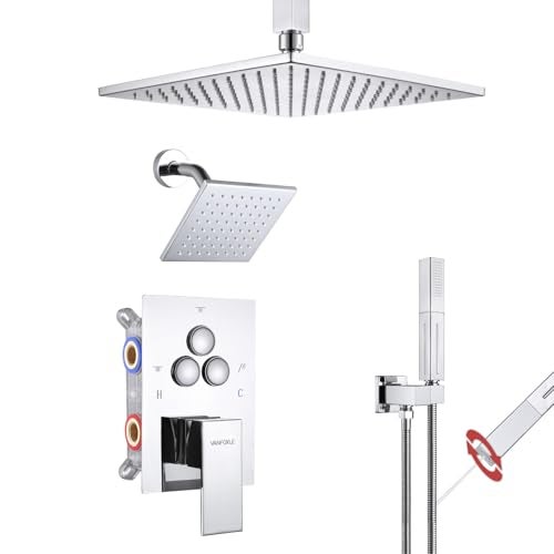 VANFOXLE Shower Faucet Set Chrome Shower System,Push Button Diverter Shower Faucet with 2 in 1 Handheld,Ceiling Mount Increased Thickness 10 Inch Shower Head with 6 Inch Wall Mount Shower Head - Image 1