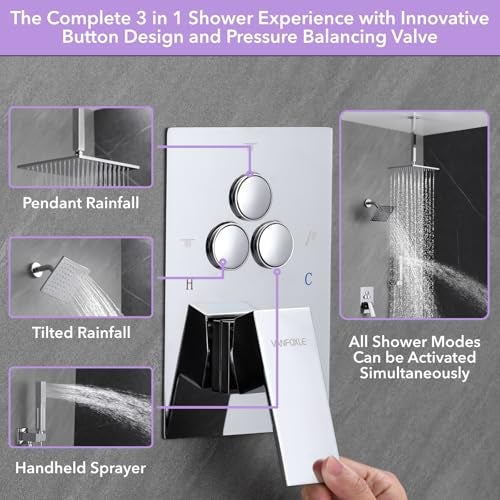 VANFOXLE Shower Faucet Set Chrome Shower System,Push Button Diverter Shower Faucet with 2 in 1 Handheld,Ceiling Mount Increased Thickness 10 Inch Shower Head with 6 Inch Wall Mount Shower Head - Image 5