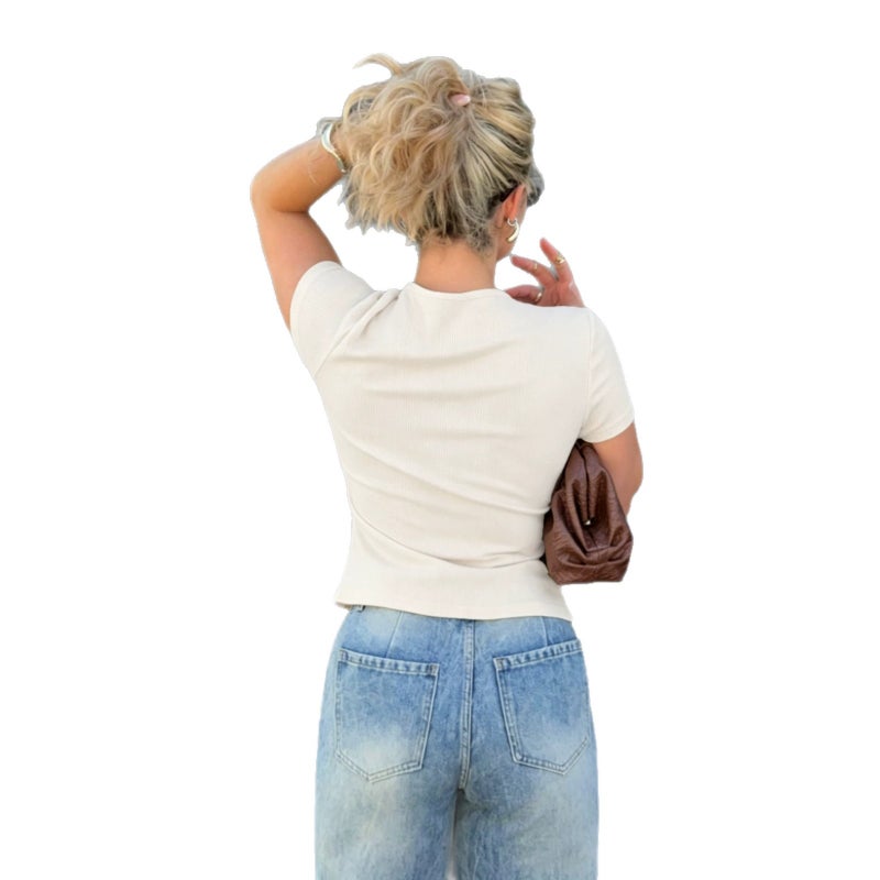 Women's Summer Slim Fit Short Sleeve Round Neck Button T-Shirt - Image 5