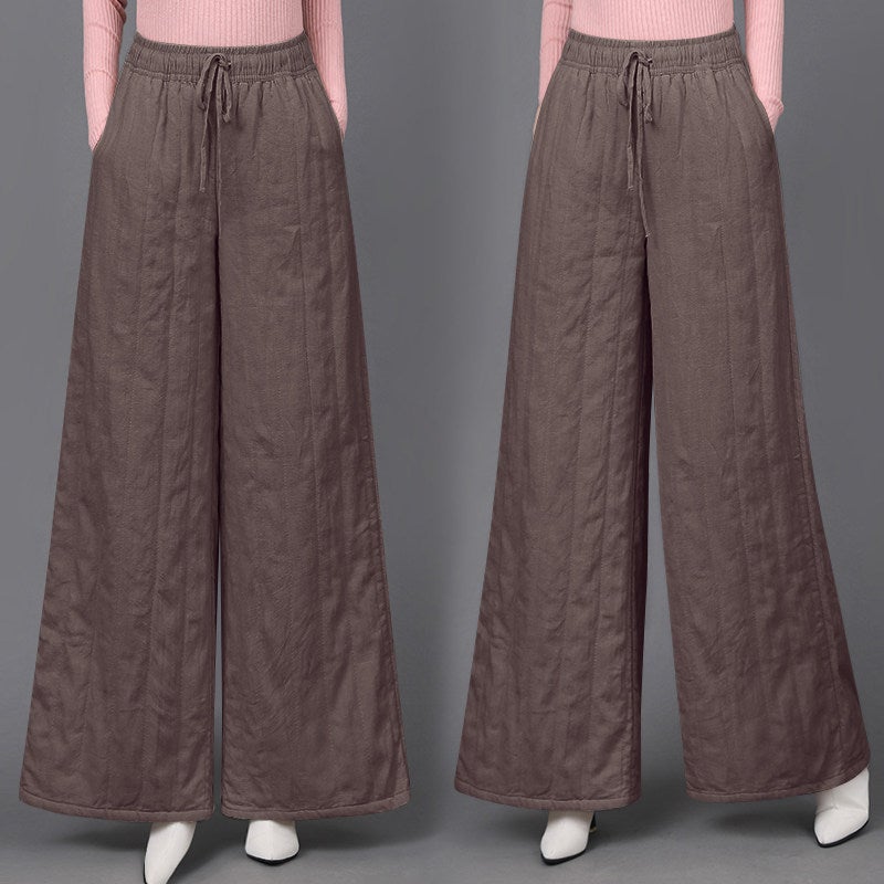 High-end cotton and linen elastic waistband cotton pants Maillard spring new high-end thick warm casual straight pants - Image 2