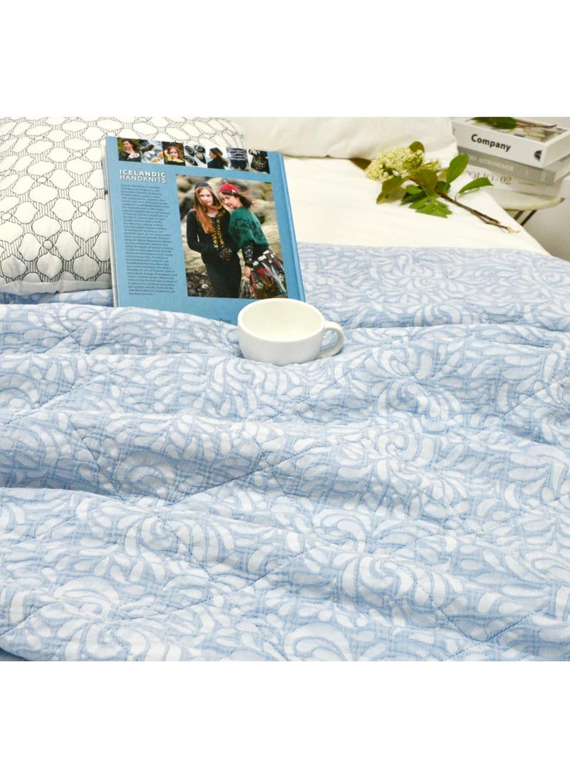 GOLD MANTIS Cotton Quilt Set – Lightweight Bedspread for All Seasons – 100% Cotton with Soft Polyester Filling – Queen Sizes – Soft Blue Printed Design (Queen) - Image 4