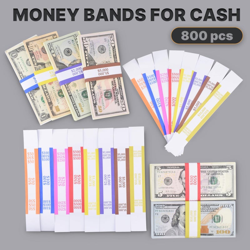 Queensell حزمة Queensell من 800 شريط نقدي للنقود، أحزمة العملة، أحزمة النقود للفواتير، أحزمة نقدية، أغلفة الدولار لتنظيم النقود - شريط نقدي ذاتي اللصق، 8 ألوان - 100 من كل فئة - Image 2