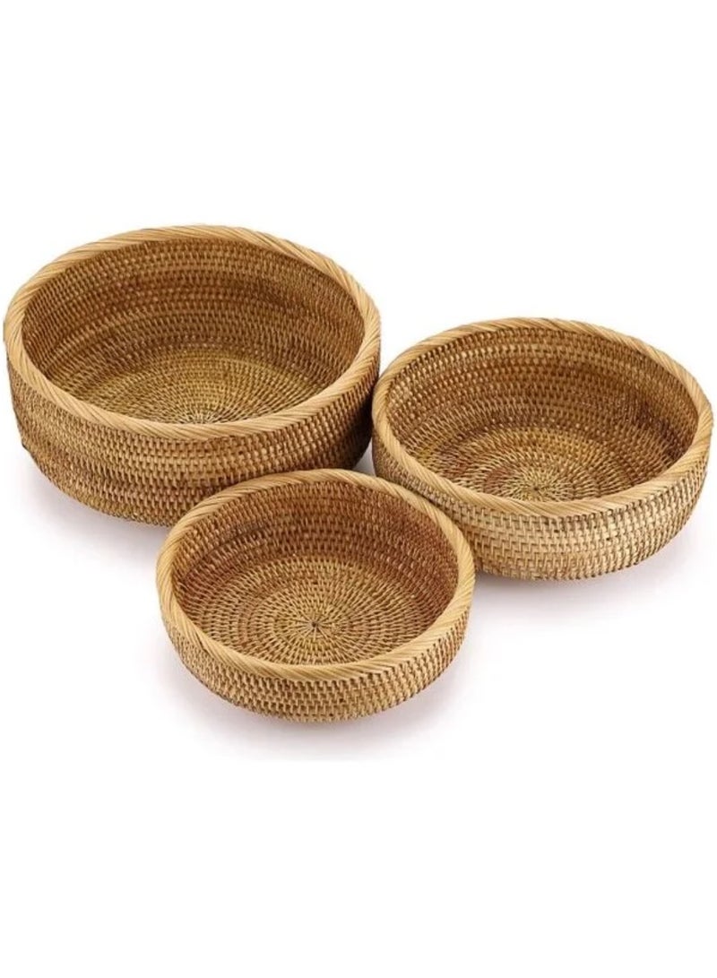 3-Piece Rattan Woven Serving Baskets Brown 25.8, 22.8, 19.7cm - Image 1