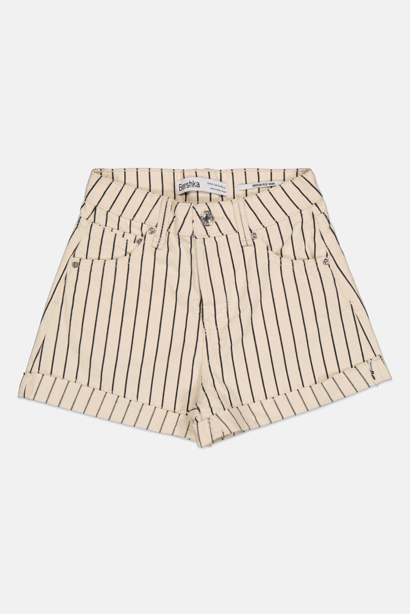 Bershka Women Mom Fit Stripe Denim Shorts, Multicolor - Image 2