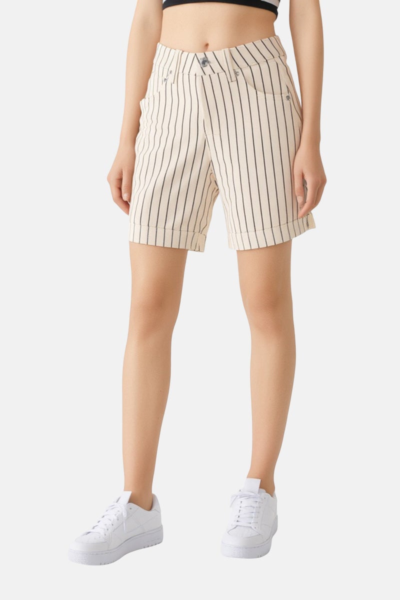 Bershka Women Mom Fit Stripe Denim Shorts, Multicolor - Image 1