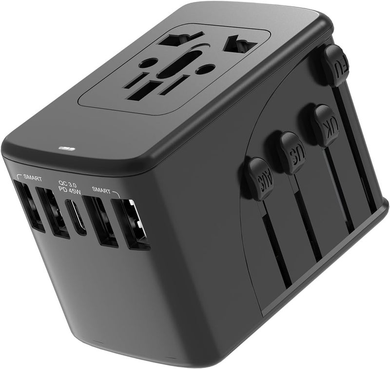 All temp range compatible build Universal Travel Adapter, 45W PD, 4 USB-A & 1 USB-C Ports, Multi AC Sockets, Converter for 200+ Countries, Black Cost effective fine quality - Image 1