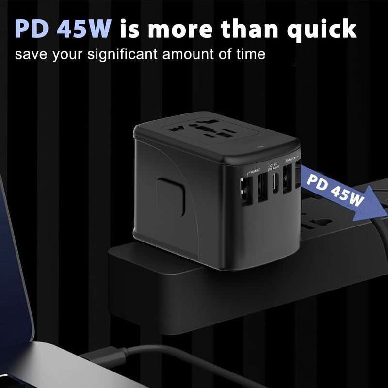 All temp range compatible build Universal Travel Adapter, 45W PD, 4 USB-A & 1 USB-C Ports, Multi AC Sockets, Converter for 200+ Countries, Black Cost effective fine quality - Image 2
