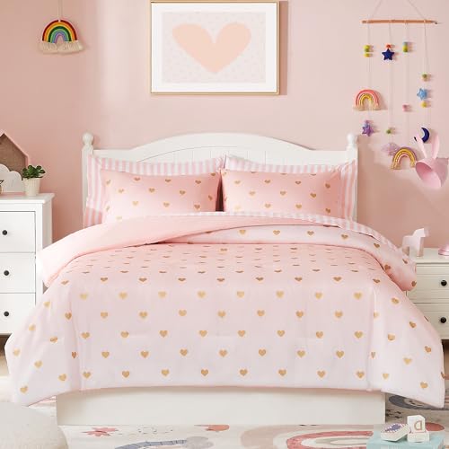 Wink Deer Twin Comforter Set with Sheets for Girls-5 Pieces Twin Bedding Sets with Pink White Gradient Ombre Comforter, Sheets, Pillowcase & Sham for Kids (Gold Heart, 66" X 86") - Image 1