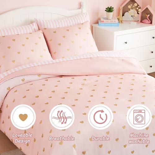 Wink Deer Twin Comforter Set with Sheets for Girls-5 Pieces Twin Bedding Sets with Pink White Gradient Ombre Comforter, Sheets, Pillowcase & Sham for Kids (Gold Heart, 66" X 86") - Image 4