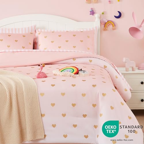 Wink Deer Twin Comforter Set with Sheets for Girls-5 Pieces Twin Bedding Sets with Pink White Gradient Ombre Comforter, Sheets, Pillowcase & Sham for Kids (Gold Heart, 66" X 86") - Image 3