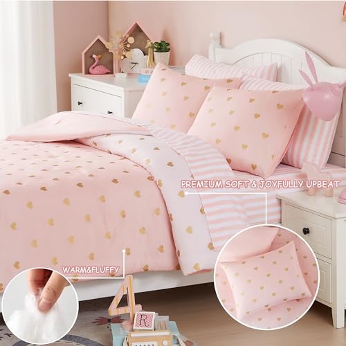 Wink Deer Twin Comforter Set with Sheets for Girls-5 Pieces Twin Bedding Sets with Pink White Gradient Ombre Comforter, Sheets, Pillowcase & Sham for Kids (Gold Heart, 66" X 86") - Image 5
