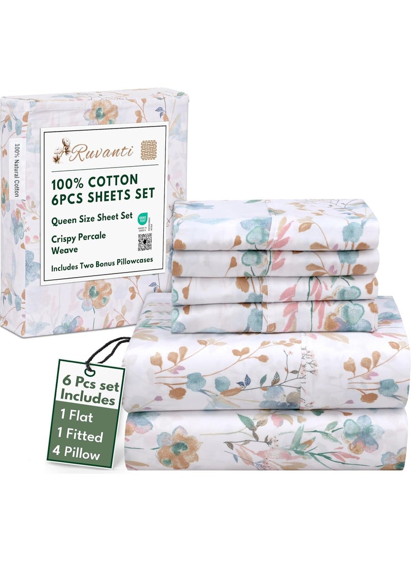 RUVANTI 6 Pcs Cotton Sheets - 100% Natural Cotton Soft, Lightweight & Breathable Crispy Percale Bed Sheets, Queen Sheet Set 16" Deep Pockets, Radiant - Image 1