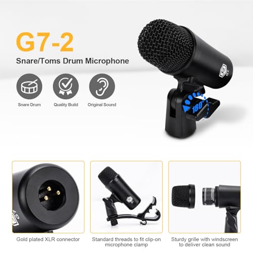 W IN-MIX G7 Professional 7-Piece Drum Microphone Kit – All-Metal Construction with XLR Outputs, Dynamic Mics for Kick, Snare, Toms & Condenser Overheads for Studio Recording & Live Performance - Image 5