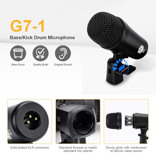W IN-MIX G7 Professional 7-Piece Drum Microphone Kit – All-Metal Construction with XLR Outputs, Dynamic Mics for Kick, Snare, Toms & Condenser Overheads for Studio Recording & Live Performance - Image 4