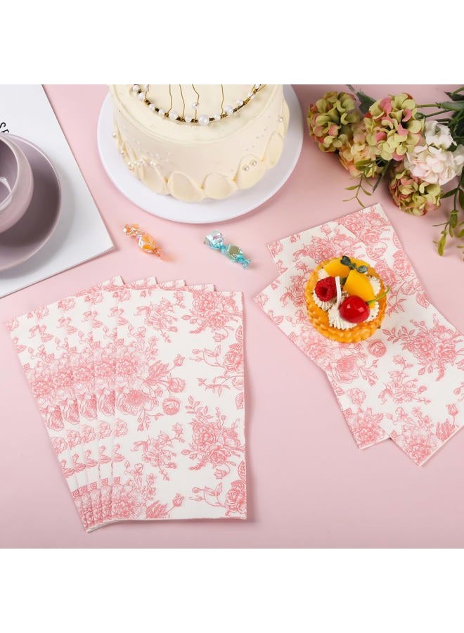 Elyxio 100 Floral Guest Napkins Pink and White Toile Disposable Paper Napkins Decorative Flower Bathroom Hand Towels for Bridal Baby Shower Tea Party Birthday Party Supplies - Image 4