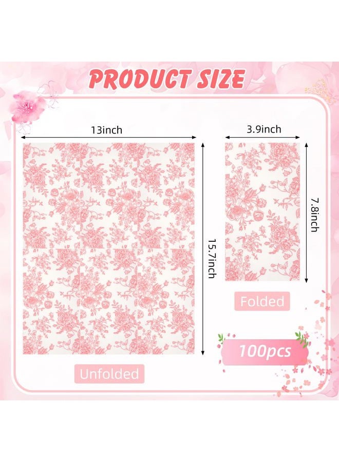 Elyxio 100 Floral Guest Napkins Pink and White Toile Disposable Paper Napkins Decorative Flower Bathroom Hand Towels for Bridal Baby Shower Tea Party Birthday Party Supplies - Image 2