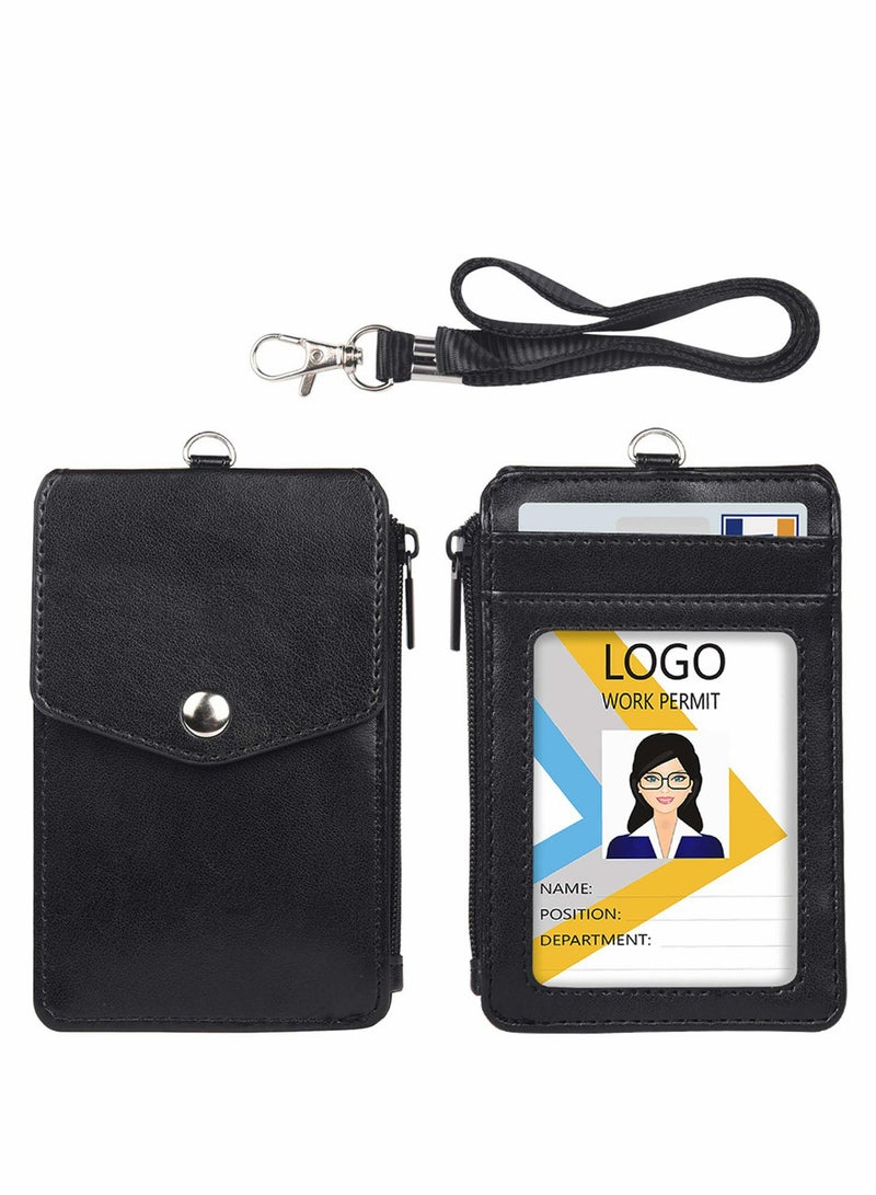 Zippered PU Leather Badge Holder with Clear Window & 3 Slots - Secure ID Wallet with Nylon Lanyard for Office, School, Credit Cards & Driver's License - Image 1