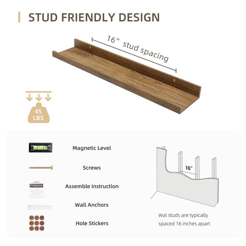 Acovy Picture Ledge Shelf, Wood Floating Shelves Set of 4, 24 inch Picture Ledge Shelves, Photo Ledge Nursery Book Shelves Wall Mounted for Living Room Kids' Room Bedroom, Color Walnut - Image 5