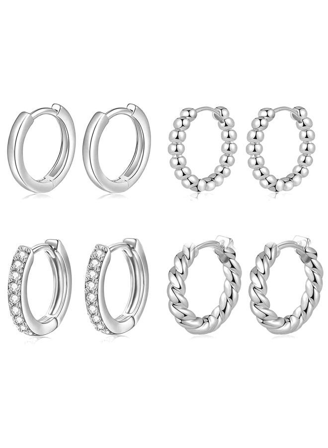 BMMYE Sterling Silver Hoop Earrings for Women Small Silver Huggie Hoop Earrings 4 Pairs Cartilage Mini Hoops Earrings Set for Multiple Piercing Hypoallergenic 10mm - Image 1