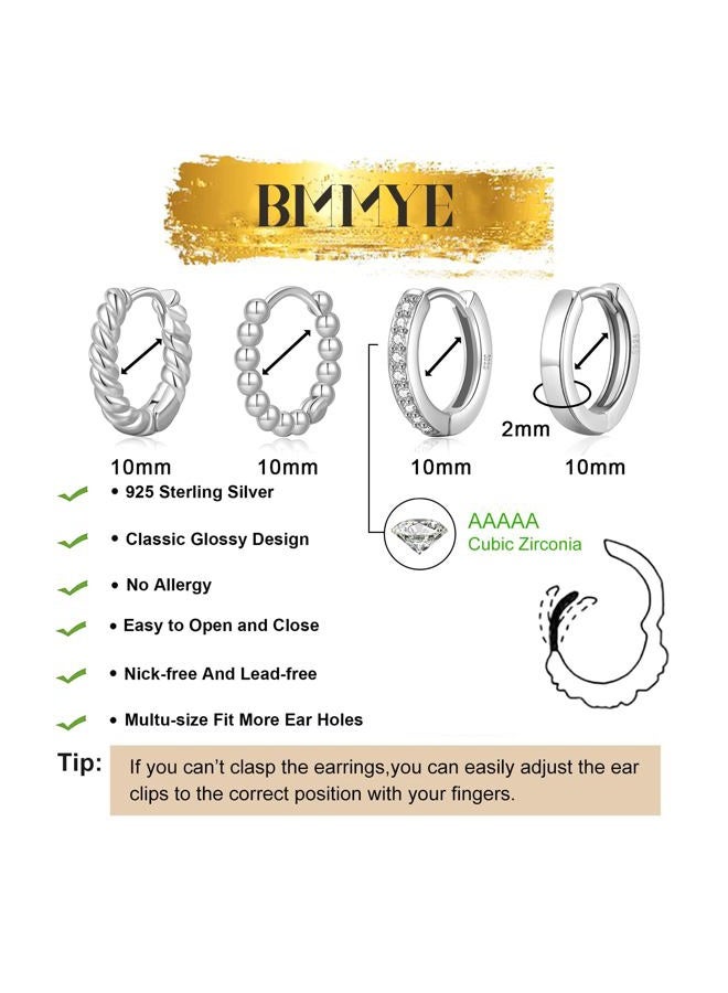 BMMYE Sterling Silver Hoop Earrings for Women Small Silver Huggie Hoop Earrings 4 Pairs Cartilage Mini Hoops Earrings Set for Multiple Piercing Hypoallergenic 10mm - Image 3