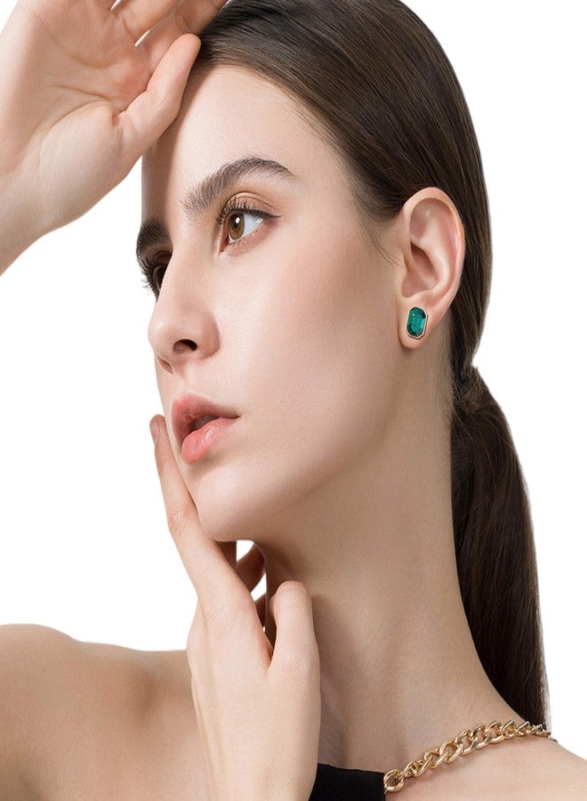 EVEVIC Austrian Crystal Octagon Stud Earrings for Women Fashion 925 Sterling Silver Hypoallergenic Jewelry (Emerald) - Image 2