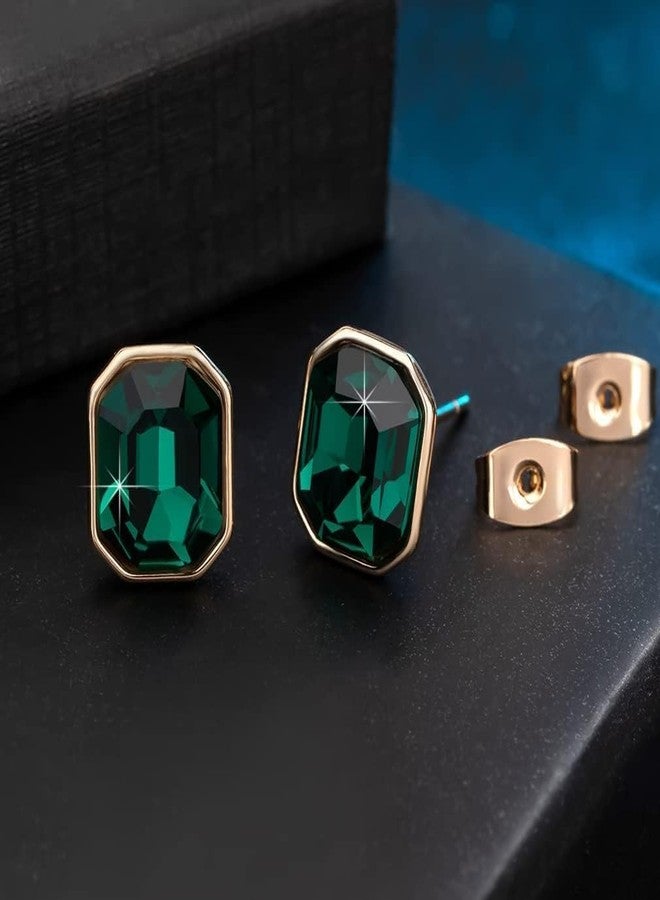EVEVIC Austrian Crystal Octagon Stud Earrings for Women Fashion 925 Sterling Silver Hypoallergenic Jewelry (Emerald) - Image 3