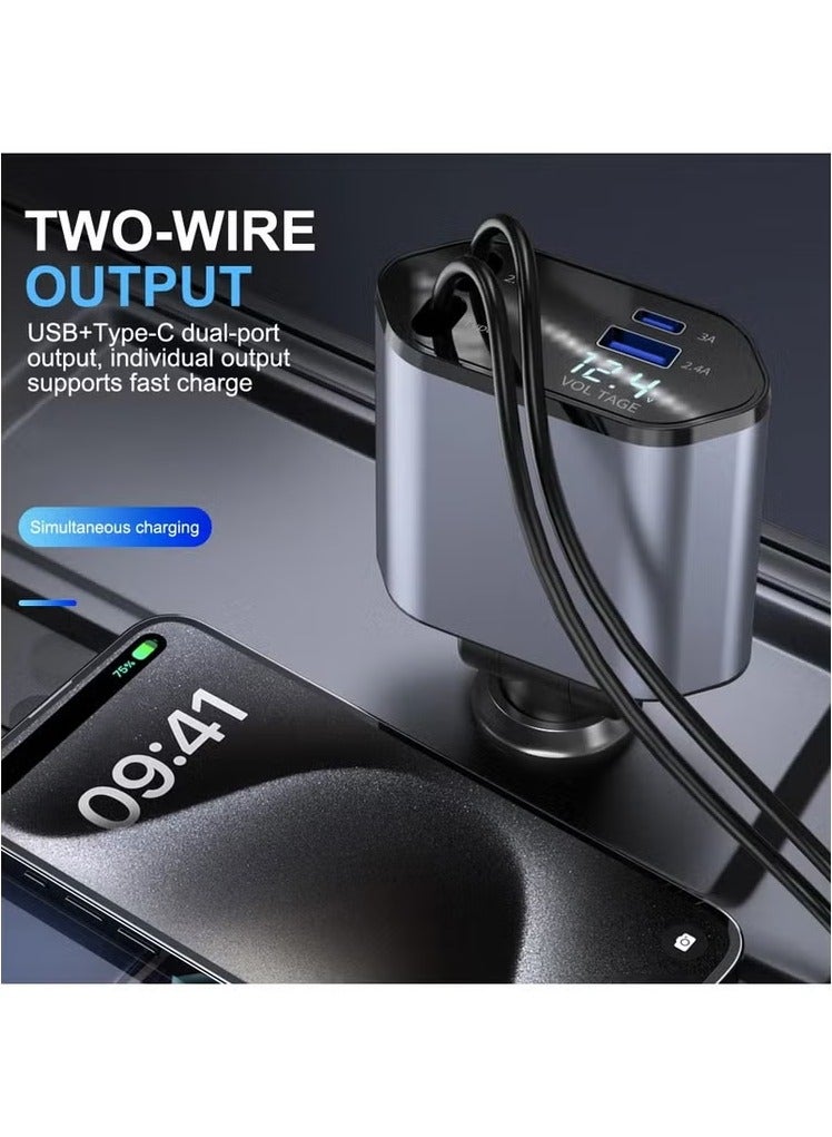 MIGOFAST Car Charger  Fast Charging 4 in 1 Adapter with Collapsible Lightning & Type C Cables Dual USB Ports & Voltage Display  Compatible with iPhone iPad Galaxy Powerfull Output - Image 1