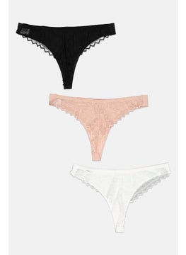 bebe Women 3 Pieces Pack Mesh Underwear Panty, White/Black  - Image 1
