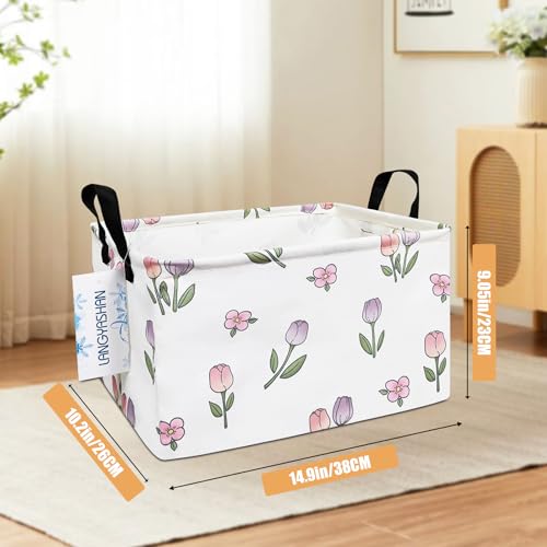 LANGYASHAN Rectangular Storage Bin Collapse Canvas Fabric Cartoon Storage Basket with Handles for Organizing Home Kitchen Boys and Girls Toys Office Closet Shelf Baskets Rec Romantic Tulip - Image 3