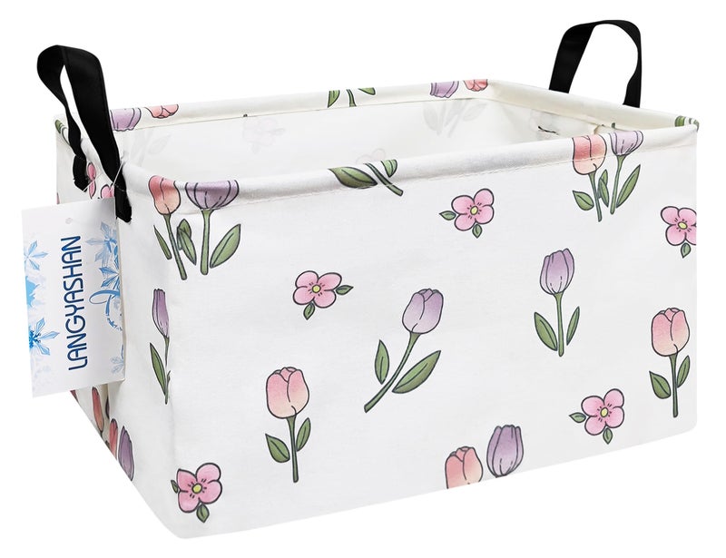LANGYASHAN Rectangular Storage Bin Collapse Canvas Fabric Cartoon Storage Basket with Handles for Organizing Home Kitchen Boys and Girls Toys Office Closet Shelf Baskets Rec Romantic Tulip - Image 2